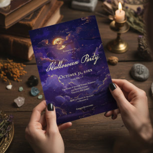 Dark Purple & Gold Moonlit Clouds Halloween Party Invitation