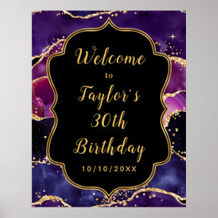 Dark Purple Gold Sequins Agate Birthday Welcome Poster