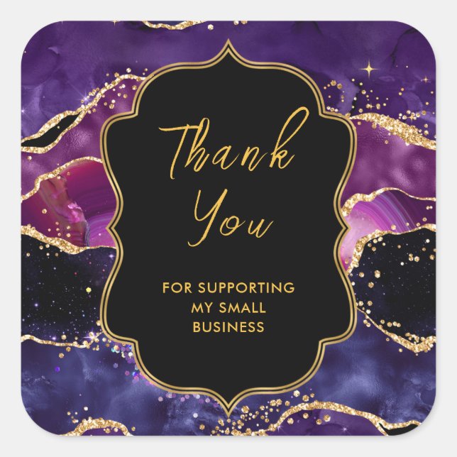 Dark Purple Gold Sequins Agate Business Thank You Square Sticker (Front)