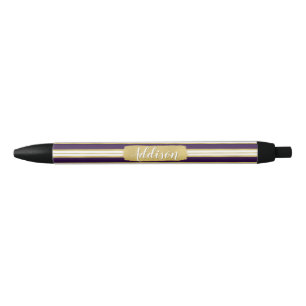 Dark Purple Gold Stripe Pattern Custom Name Black Ink Pen