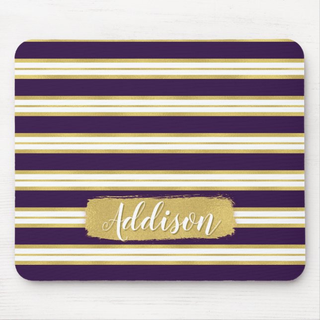 Dark Purple Gold Stripe Pattern Custom Name Mouse Pad (Front)