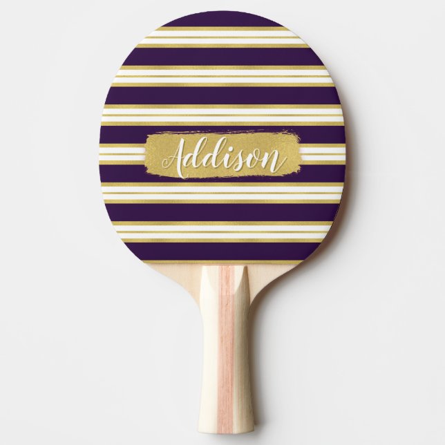Dark Purple Gold Stripe Pattern Custom Name Ping Pong Paddle (Front)