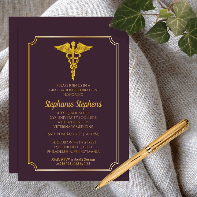Dark Purple Gold Veterinary Medicine Grad Party Invitation (Dark Purple and Gold Tone Veterinary Medicine Veterinarian Non-Photo Announcement Grad Party Invite)