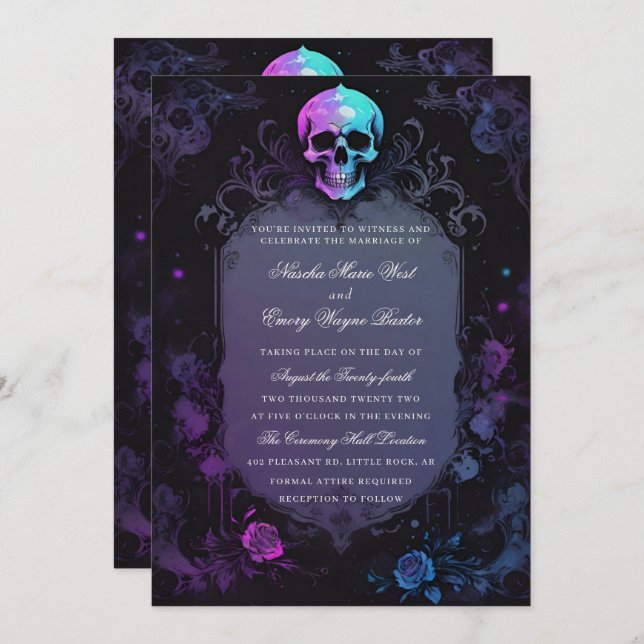 Dark Purple Gothic Boho Floral Skull Wedding Invitation (Front/Back)