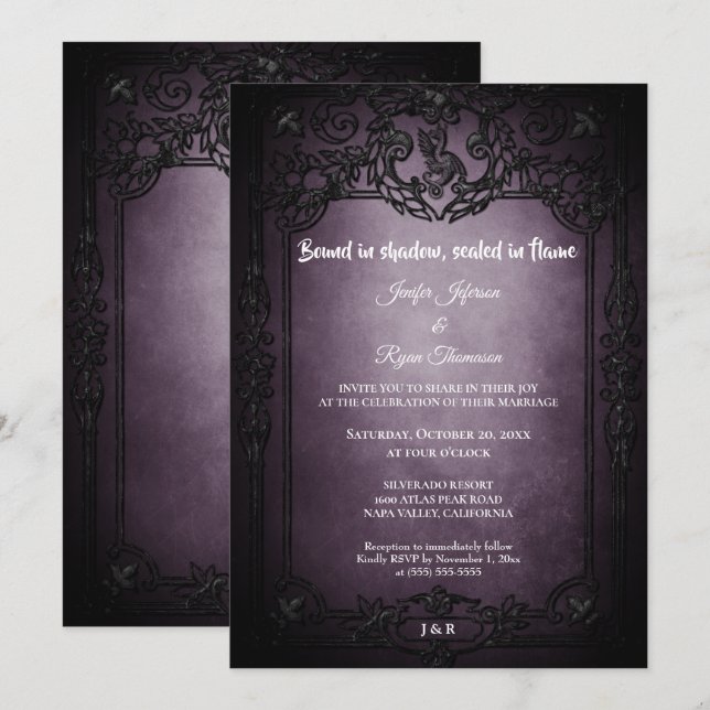 Dark purple Gothic Halloween wedding invitation (Front/Back)