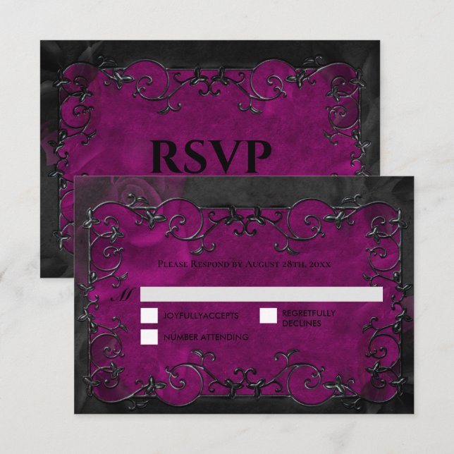 Dark purple Gothic Halloween Wedding RSVP Card (Front/Back)
