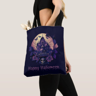 Dark Purple Gothic Haunted House Happy Halloween Tote Bag