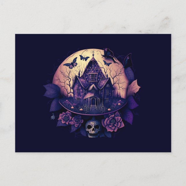Dark Purple Gothic Haunted House Holiday Postcard (Front)
