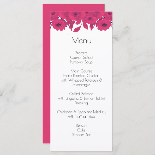 Dark Purple & Hot Pink Botanical Wedding Menu (Front/Back)