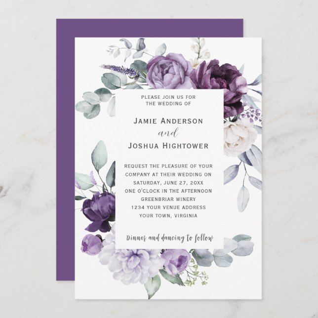 Dark Purple, Lavender, White Floral Wedding Invitation (Front/Back)