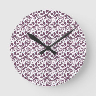 Dark Purple Leaf Pattern, Elegant Botanical Print, Round Clock