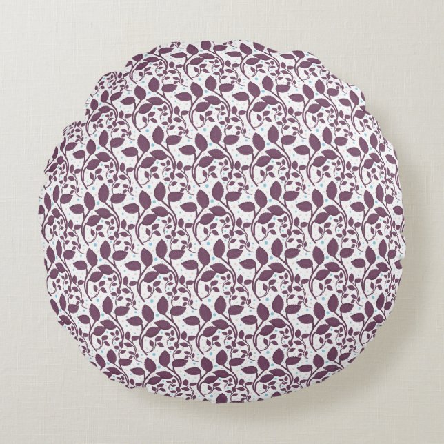 Dark Purple Leaf Pattern, Elegant Botanical Print, Round Cushion (Front)