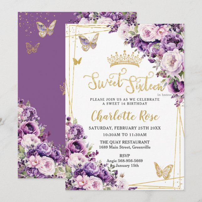Dark Purple Lilac Blush Floral Roses Sweet 16 Invitation (Front/Back)