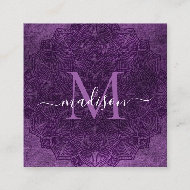 Dark Purple Mandala Lotus Flower Monogram Script Square Business Card (Front)
