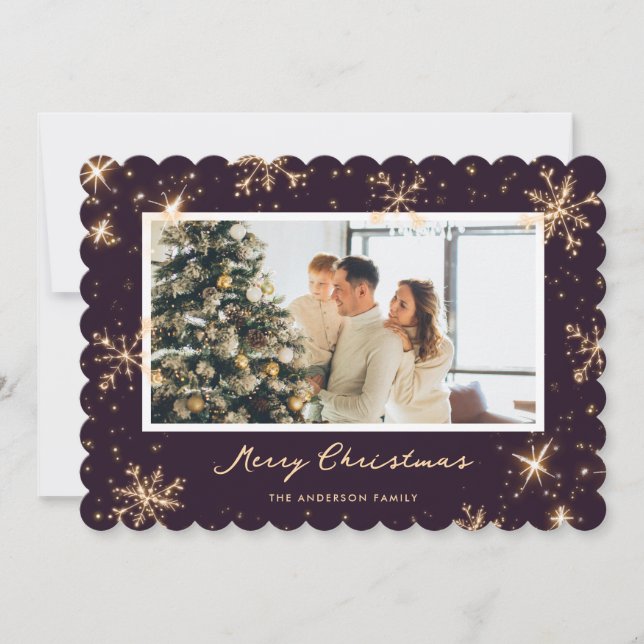 Dark Purple Modern Snowflake Photo Christmas Card (Front)