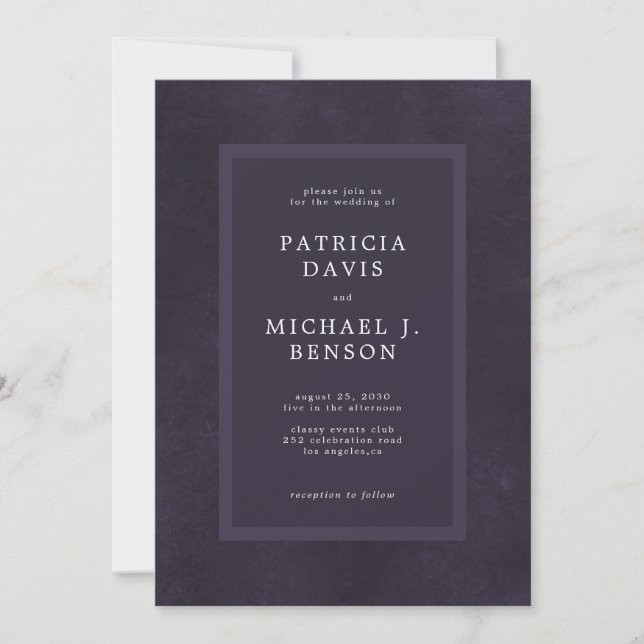 Dark purple modern typography elegant wedding invitation (Front)