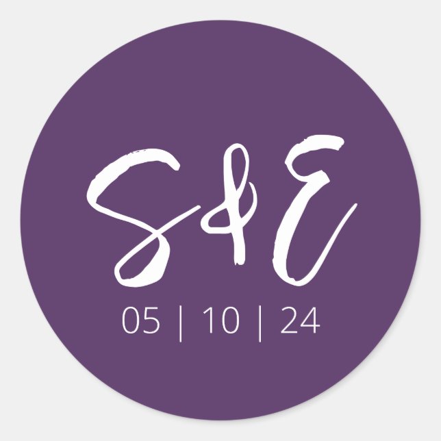 Dark Purple Monogram Calligraphy Modern Wedding Classic Round Sticker (Front)