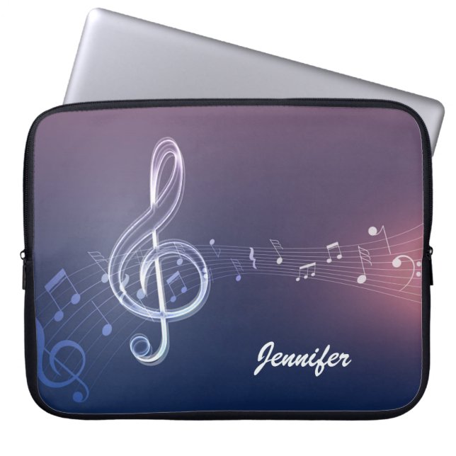 Dark Purple Music Notes and Custom Monogram Laptop Sleeve (Front)