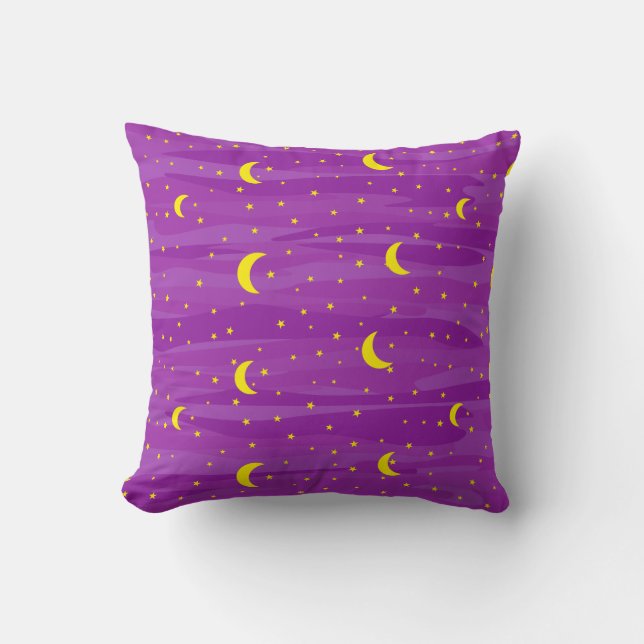 Dark Purple Night Sky - Stars and Moon Pattern Cushion (Front)