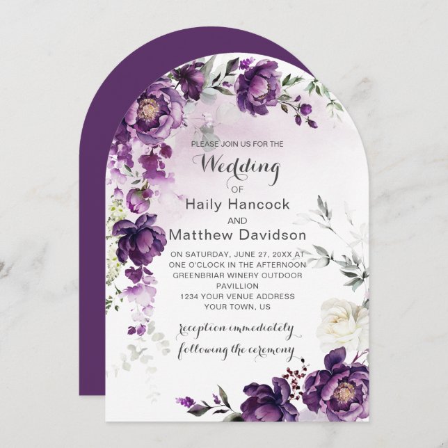 Dark Purple Peonies Arched Wedding Invitation (Front/Back)
