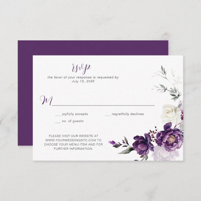 Dark Purple Peonies Floral Wedding RSVP (Front/Back)