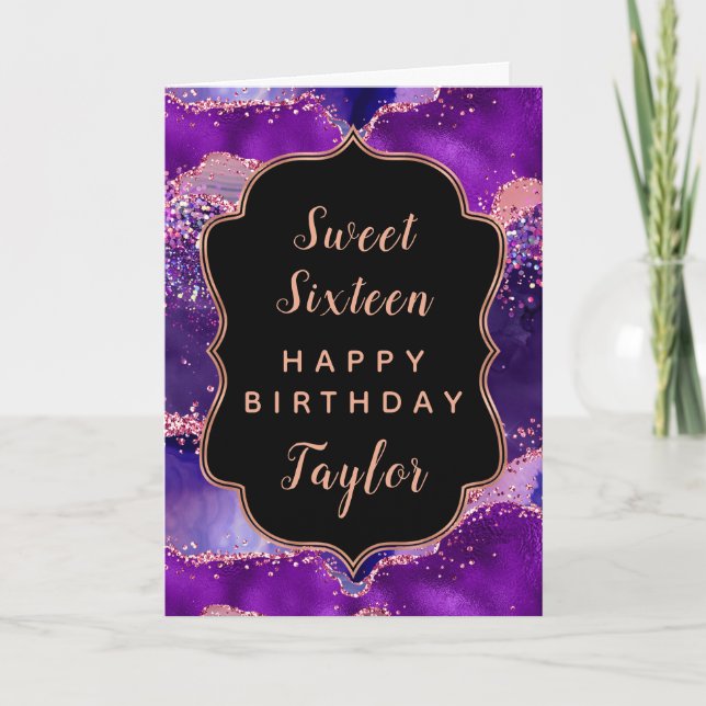 Dark Purple Pink Agate Sweet 16 Happy Birthday Card (Front)