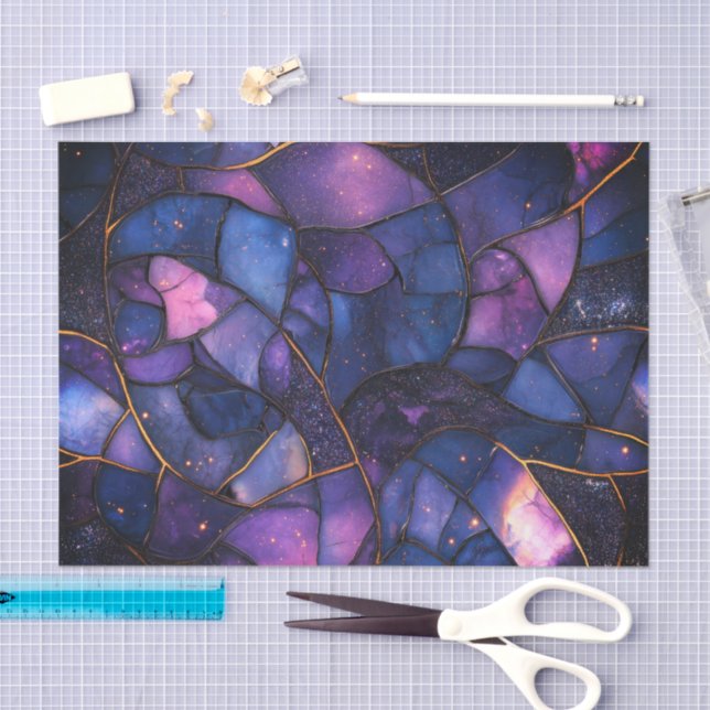 Dark Purple Pink Blue Gold  Watercolor Mosaic  Tissue Paper (Craft)