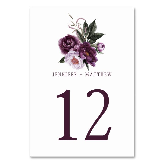 Dark Purple Plum Pink Floral Greenery Table | Number (Front)