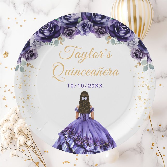 Dark Purple Princess Floral Quinceañera Paper Plate (Creator Uploaded)