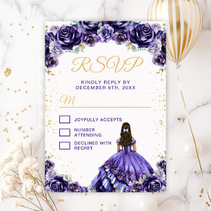 Dark Purple Princess Floral Quinceañera RSVP Card