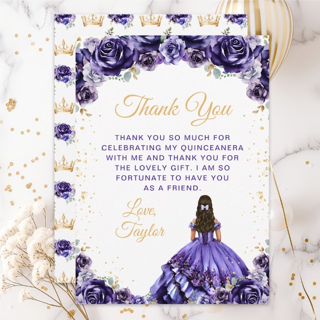Dark Purple Princess Floral Quinceañera Thank You Card (Creator Uploaded)