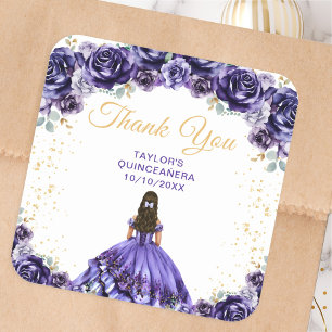 Dark Purple Princess Quinceañera Thank You Square Sticker