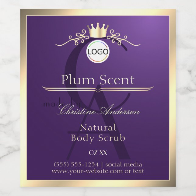 Dark Purple Product Label Gold Frame Logo Monogram (Single Label)