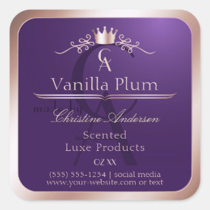 Dark Purple Product Label Rose Gold Frame Monogram