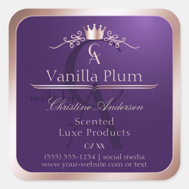 Dark Purple Product Label Rose Gold Frame Monogram (Front)