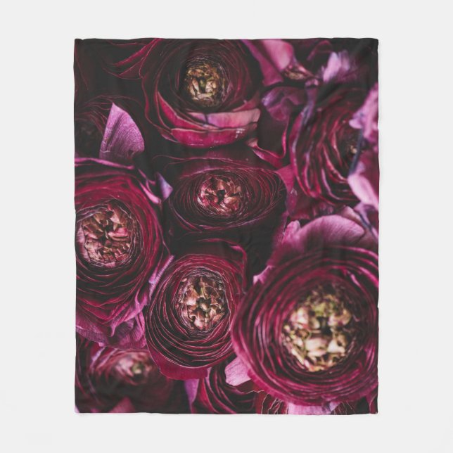Dark Purple Ranunculus, Blossoming Close-Up. Fleece Blanket (Front)