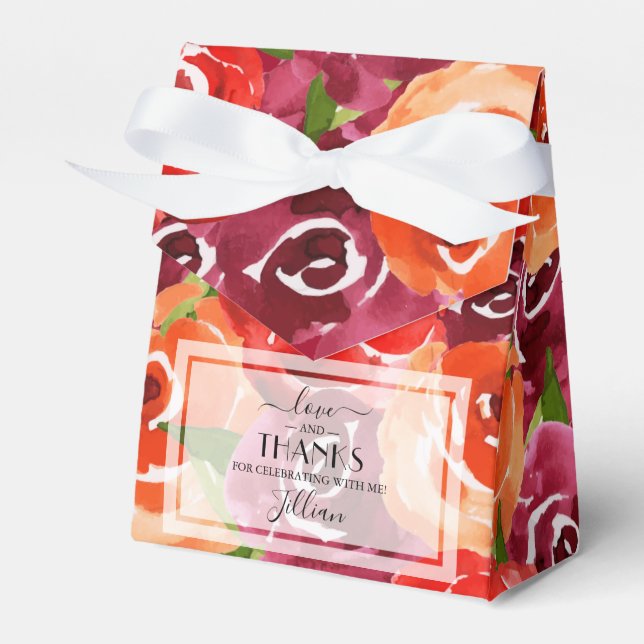 Dark Purple Red Orange Watercolor Flowers Favour Box (Front Side)