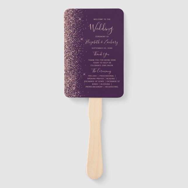 Dark Purple Rose Gold Glitter Edge Wedding Program Hand Fan (Front)