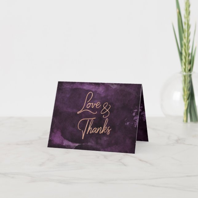 Dark Purple Rose Gold Wedding Photo Thank You (Front)