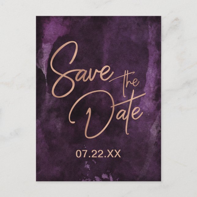 Dark Purple & Rose Gold Wedding Save the Date Announcement Postcard (Front)