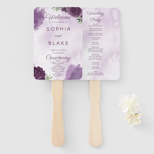 Dark Purple Roses Floral Gothic Wedding Program Hand Fan (Front and Back)