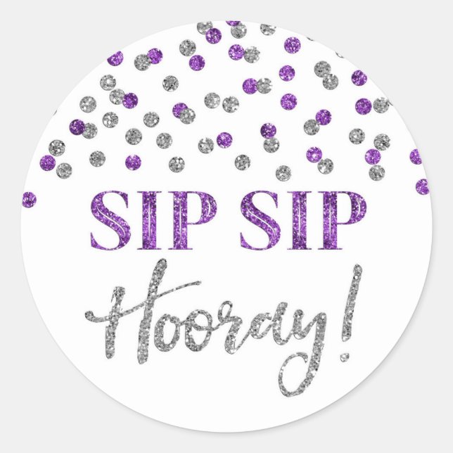 Dark Purple Silver Confetti Sip Sip Hooray Classic Round Sticker (Front)