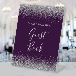 Dark Purple Silver Glitter Wedding Guest Book Pedestal Sign