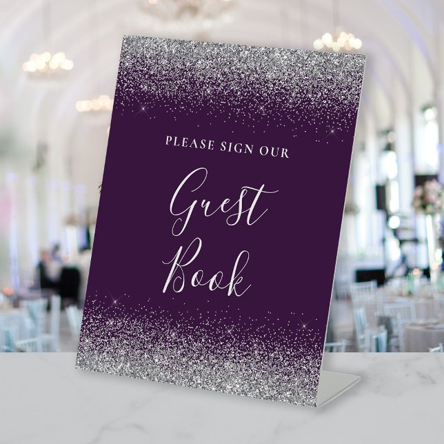 Dark Purple Silver Glitter Wedding Guest Book Pedestal Sign (Creator Uploaded)