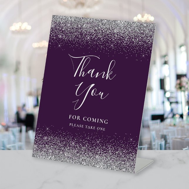 Dark Purple Silver Glitter Wedding Thank You Pedestal Sign (Creator Uploaded)