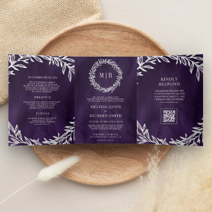 Dark Purple Silver Leaf Branch QR Code Wedding Tri-Fold Invitation