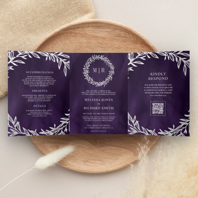Dark Purple Silver Leaf Branch QR Code Wedding Tri-Fold Invitation (Creator Uploaded)