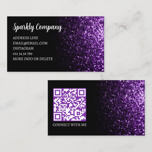 Dark purple sparkle black elegant QR code Business Card (Front/Back)