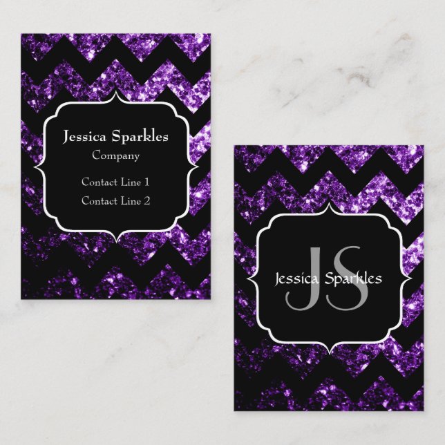 Dark Purple sparkles black Chevron Monogram Business Card (Front/Back)