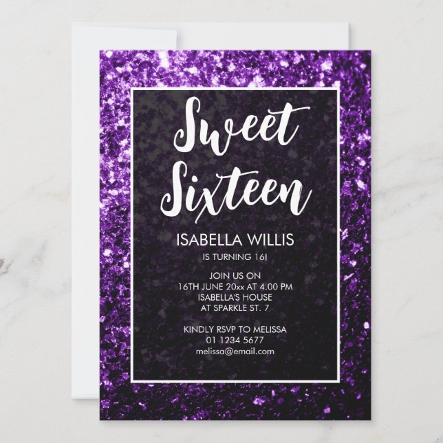 Dark purple sparkles Sweet 16 elegant script Invitation (Front)